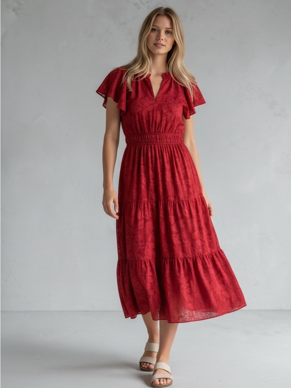 NEW JESSICA HOWARD Elegant Red Tiered Maxi Dress with Smocked Waist SIZE 14